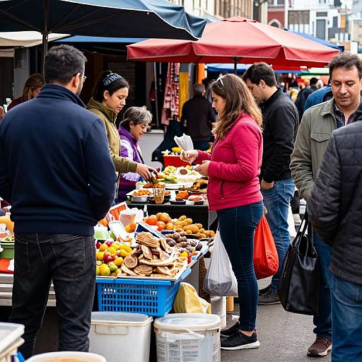Photograph of a bustling outdoor market with diverse shoppers, colorful produce, and various umbrellas; people in casual clothes interact and purchase fruits and vegetables.