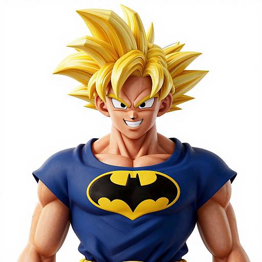 Digital artwork of Son Goku, anime-style, with spiky blond hair, muscular build, wearing a blue Batman shirt with yellow Bat symbol, white background