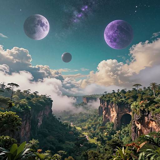Digital artwork of a lush, tropical canyon with towering cliffs, dense greenery, and three large, purple moons in a starry sky.