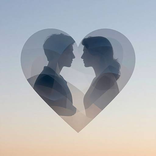 Silhouette of a couple facing each other in a heart-shaped outline against a gradient blue to white background, with overlapping transparent layers. Romantic, digital art