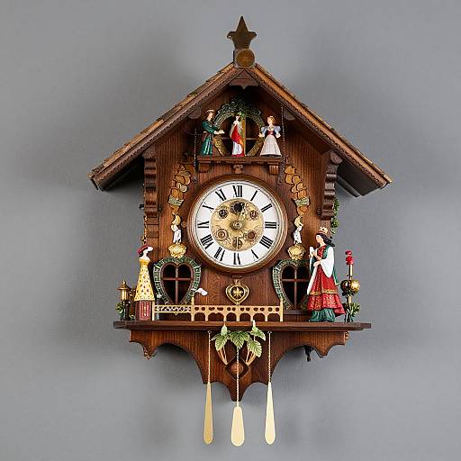 Detailed wooden clock with a house-shaped design, featuring colorful figurines of people, angels, and animals, against a gray background.