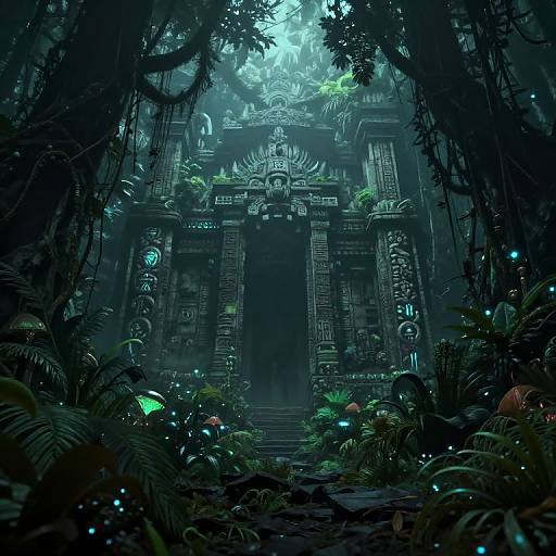 Mysterious, ancient temple deep in a dense, bioluminescent jungle. Enchanted ruins with intricate carvings, lush greenery,