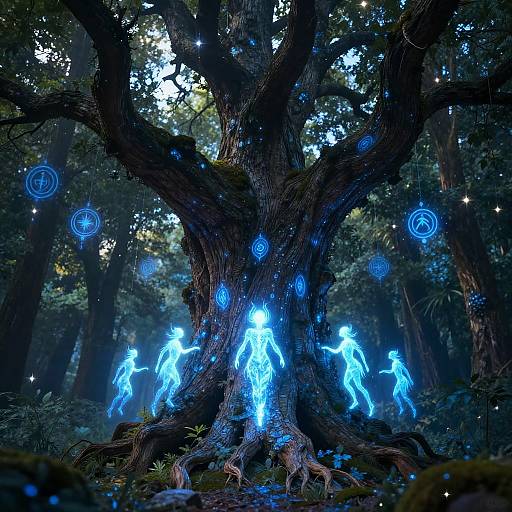 Photograph of a mystical forest with a massive tree, illuminated by glowing blue ethereal figures and spirals, surrounded by dark, dense foliage.