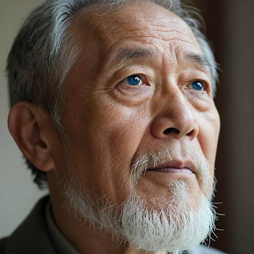 Close-up photograph of an elderly Asian man with gray hair, white beard, and bright blue eyes, gazing thoughtfully into the distance.