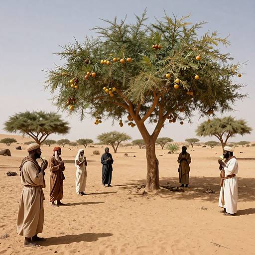 Photograph of six people in traditional Middle Eastern clothing standing under a date palm tree in a sunlit, sandy desert landscape with other date trees in the