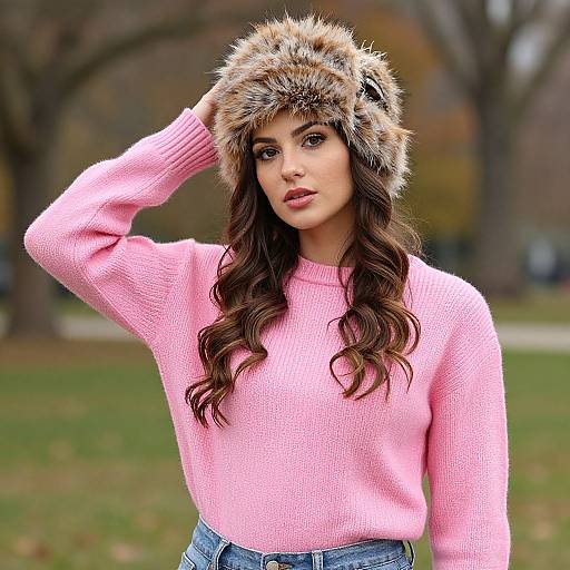Photograph of a young woman with long brown hair, wearing a pink knit sweater and furry hat, standing in a park.