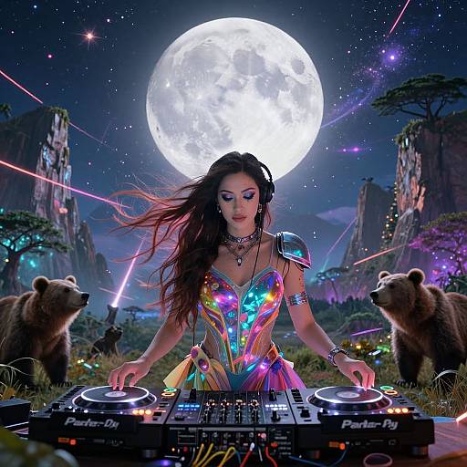Digital artwork: Asian woman with long black hair, neon bodysuit, DJing under full moon, surrounded by bears, mountains, and lasers.