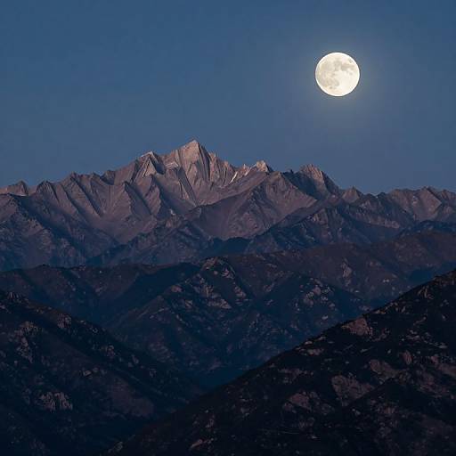 Photograph of a full moon illuminating snow-capped mountains under a dark blue night sky, with the moon positioned in the upper right.