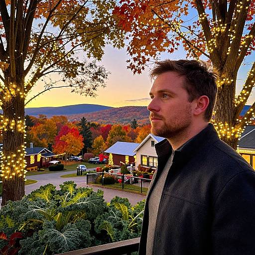 Photograph of a man with short brown hair and beard, wearing a black jacket, standing by a tree with string lights, overlooking an autumnal village