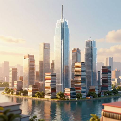CGI cityscape of a modern skyline with tall glass skyscrapers, colorful stacked buildings, reflecting on a calm river, under a sunset sky.