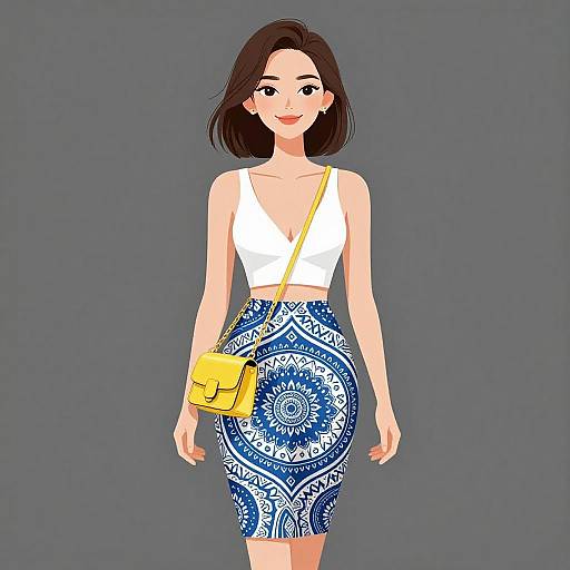 Digital illustration of a smiling woman with short brown hair, wearing a white tank top, blue patterned skirt, and yellow crossbody bag. Gray background