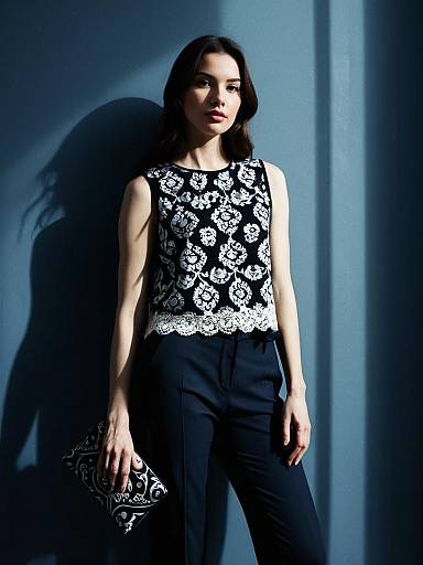 Woman in Chic Monochrome Baroque Top and Black Pants