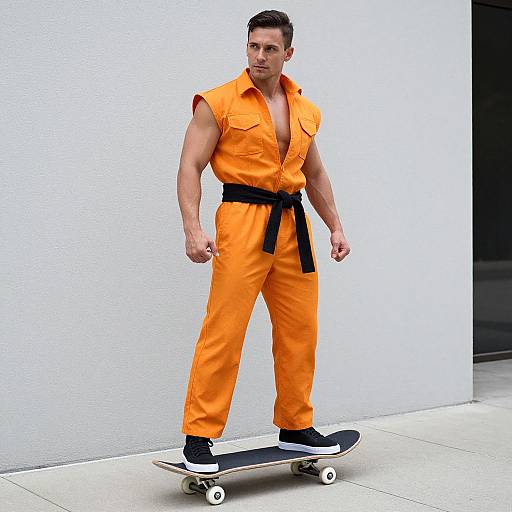 Photograph of a muscular man with short dark hair, wearing an orange martial arts outfit with a black belt, skating on a white pavement against a plain
