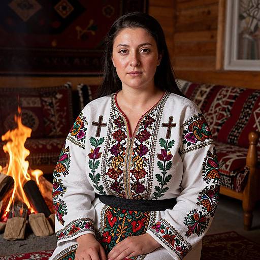 Photograph of a middle-aged woman with long black hair, wearing an intricately embroidered white traditional dress, seated in front of a roaring fireplace in a