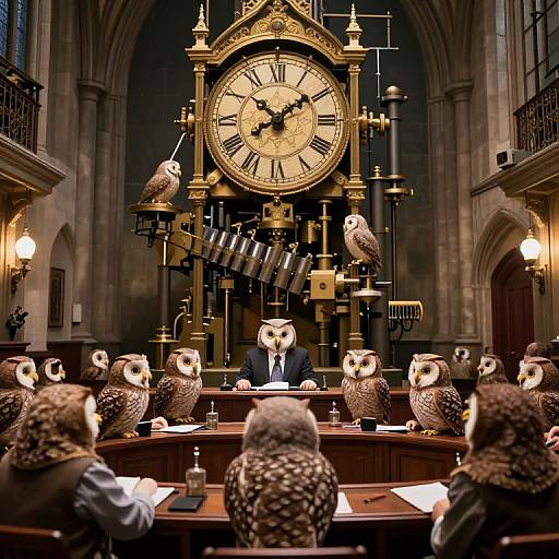 Photograph of a surreal courtroom with owl-costumed humans, an ornate gold clock with owls, and a central owl-suited judge.