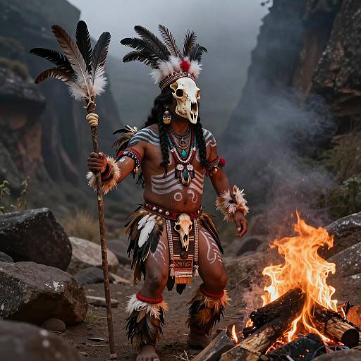 Peruvian Witch Doctor in Traditional Costume by Fire
