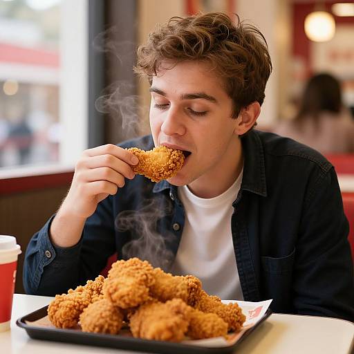Photograph of a young man with curly brown hair, wearing a blue denim shirt, eating crispy fried nuggets at a diner, with a plate full