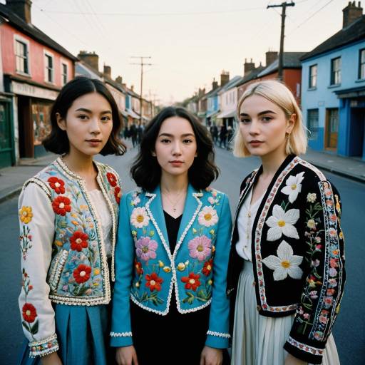 Three Women in Embroidered Floral Jackets on Street