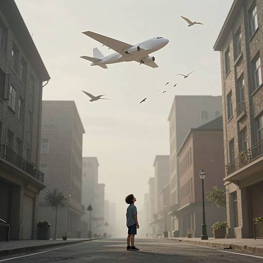 Photograph of a child with curly hair, standing on a foggy urban street, watching a large white airplane fly overhead.