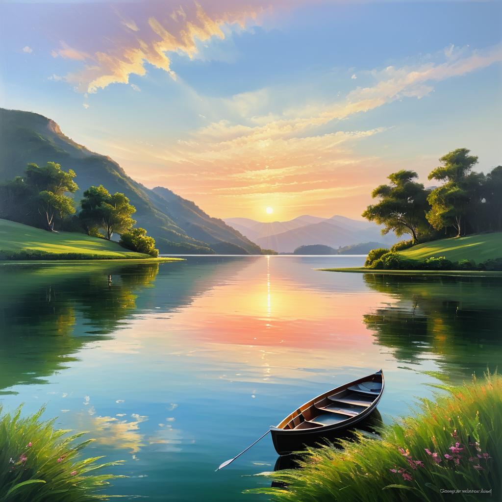 Serene Lakeside Sunset Oil Painting