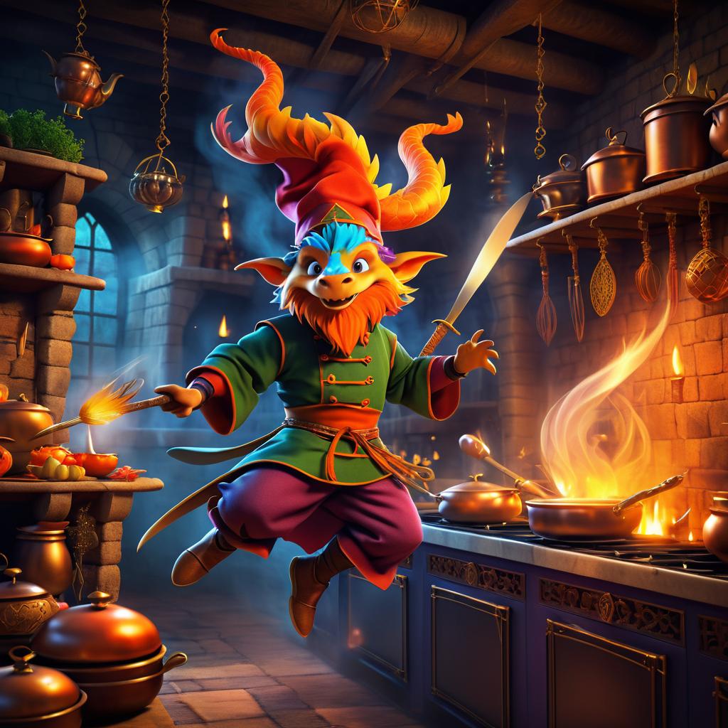 Whimsical Dragon Chef in Medieval Kitchen