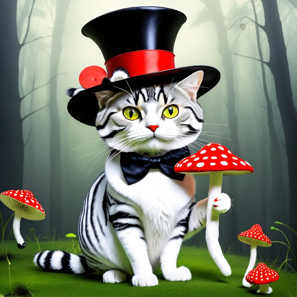 Surreal Cat with Top Hat and Mushroom