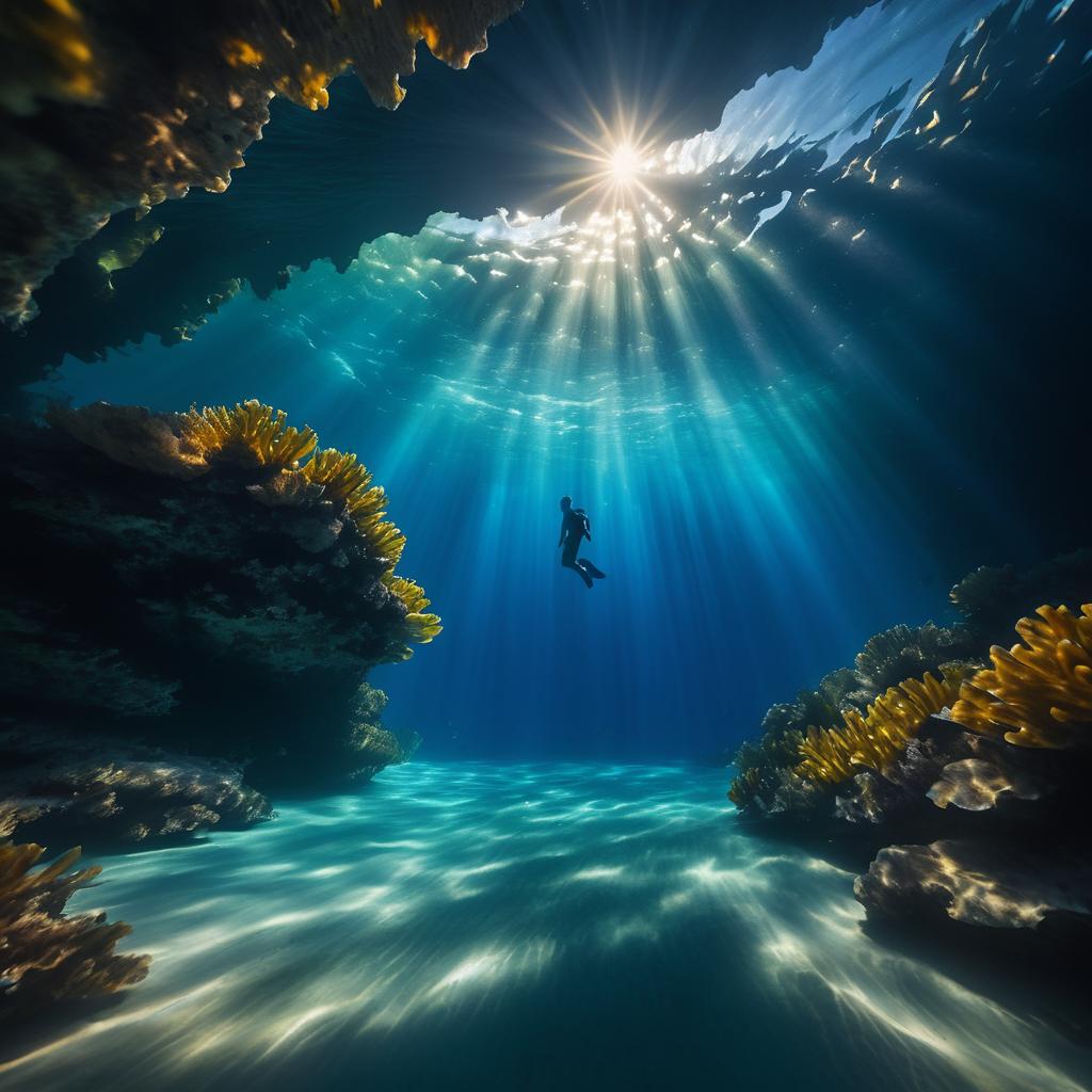 Lone Swimmer in Illuminated Ocean Cave