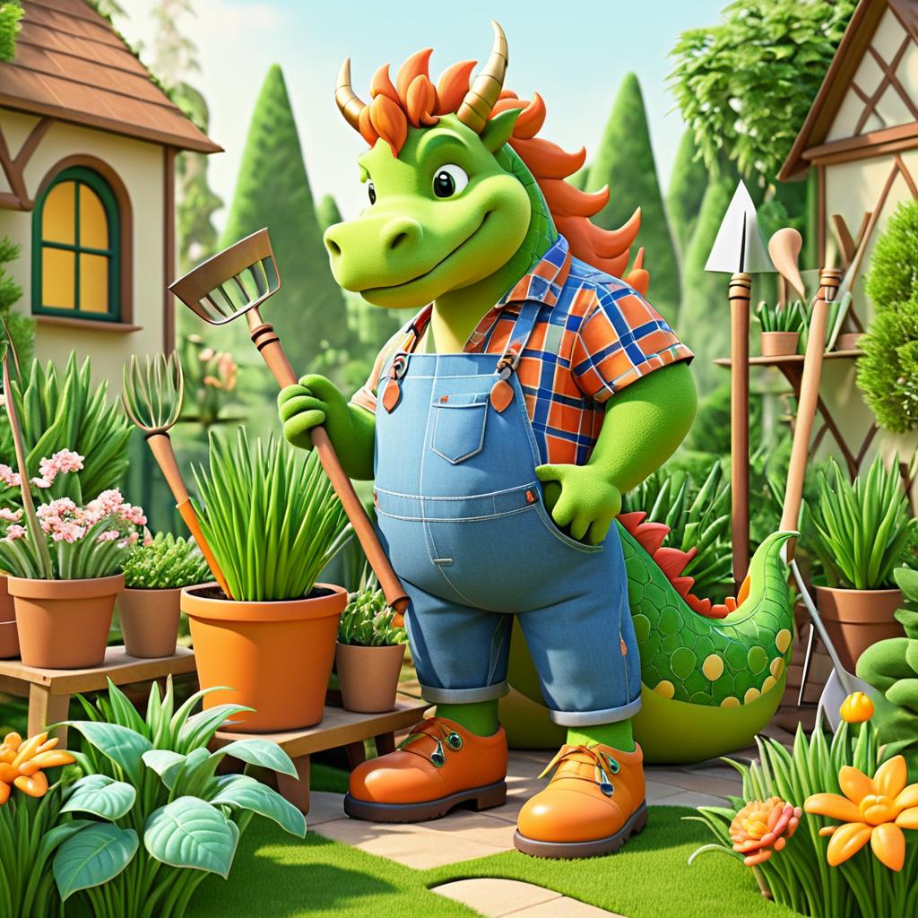 Retro Dragon Gardener in Colorful Scene