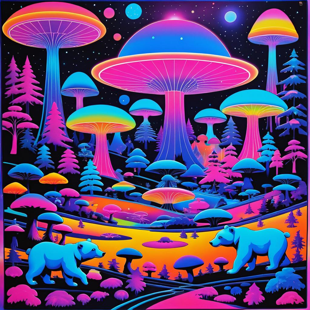 Psychedelic 70s Bears in Alien Landscape