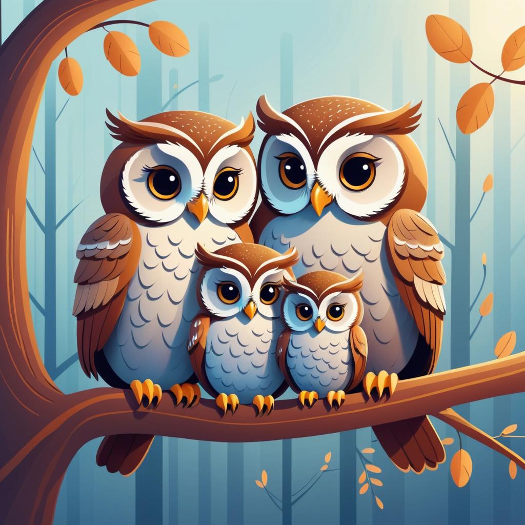 Whimsical Owl Family on a Cozy Branch