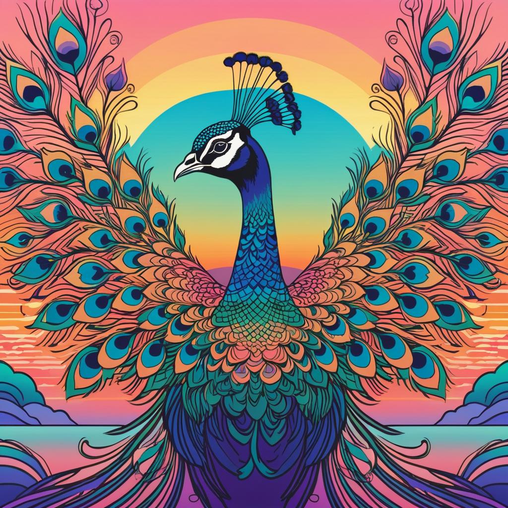 Elegant Peacock Illustration with Sunset