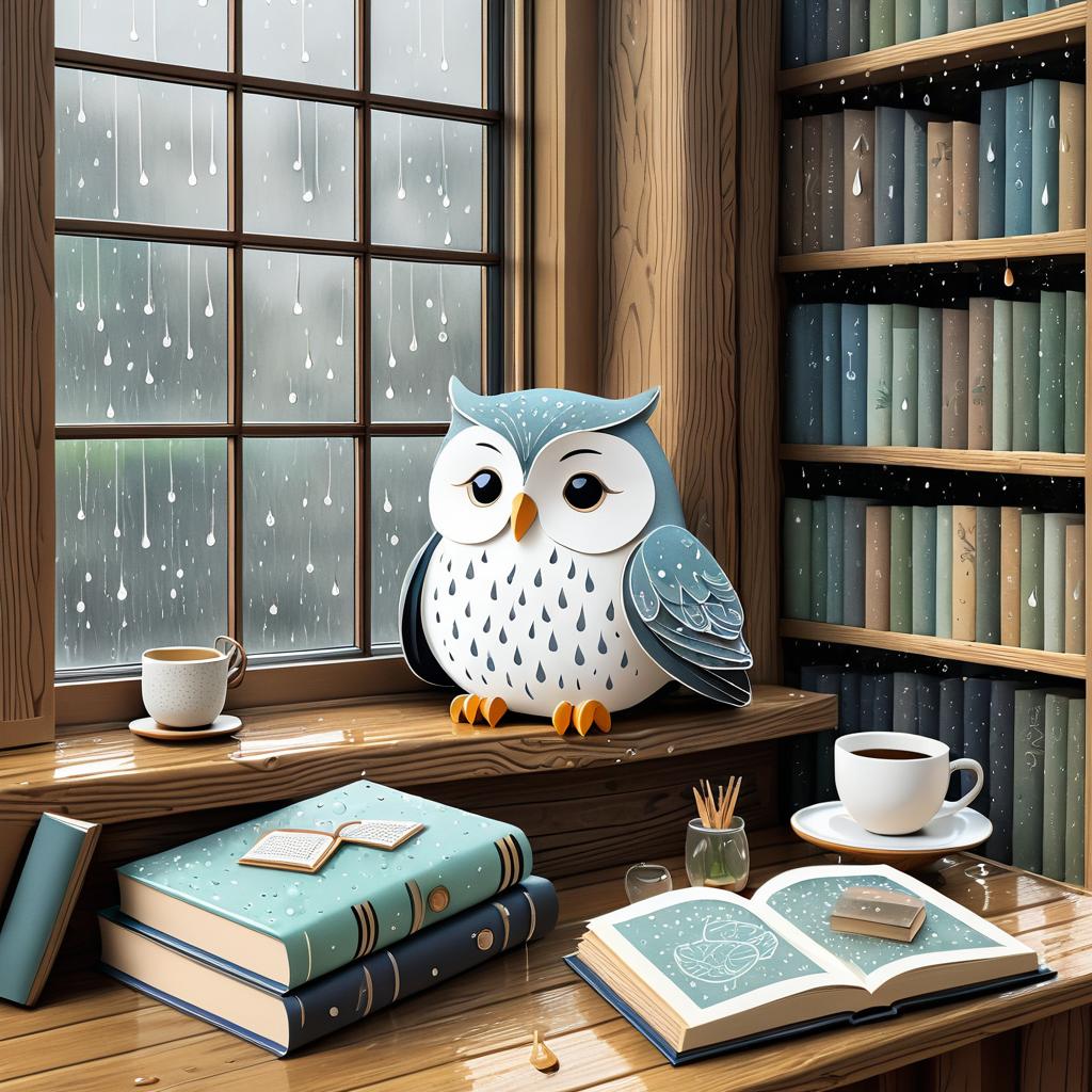 Sleepy Owl in a Cozy Rainy Scene