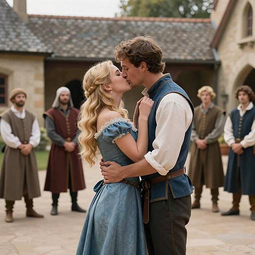 Medieval Romantic Embrace in Courtyard