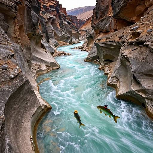 Photograph of a narrow, rocky canyon with turquoise, rushing water. Two yellow and green fish swim near the center.
