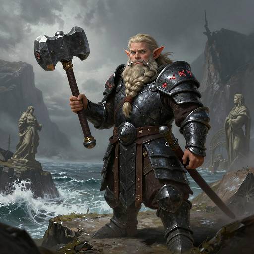 Dwarven Paladin on Stormy Cliffside