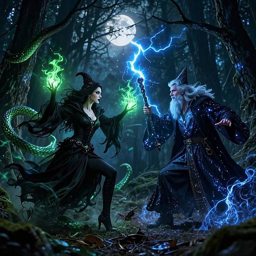 Digital fantasy artwork: A dark-haired witch with green flames and a serpent tail faces a white-bearded wizard with blue flames in a moonlit, storm