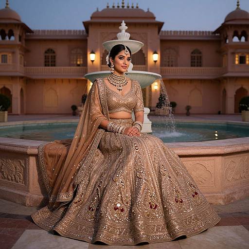 Photograph of a South Asian woman in a gold, sequined traditional lehenga, sitting by an ornate, illuminated fountain in a sunset-lit