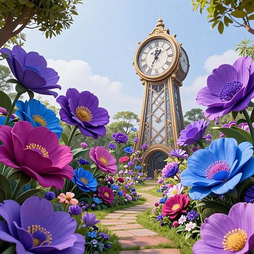 Vibrant photograph of a tall, ornate clock tower surrounded by colorful, oversized flowers in shades of purple, blue, pink, and yellow.