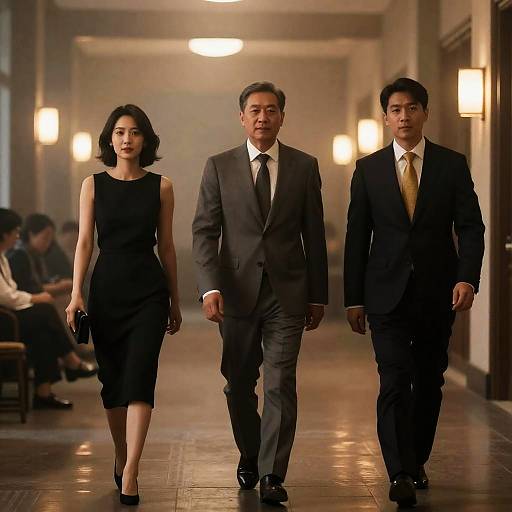 Photograph of three Asian individuals in formal attire walking down a dimly lit, elegant hallway with warm overhead lights. The woman wears a black sleeveless