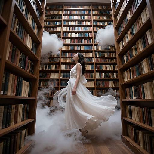 Photograph of a woman in a flowing white dress, surrounded by swirling mist, standing between tall wooden bookshelves in a library.