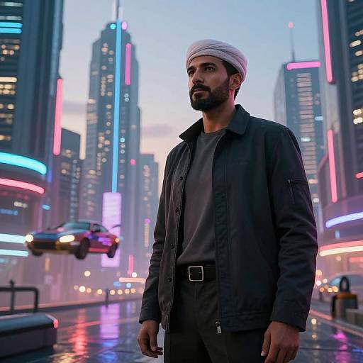 Photorealistic digital art of a bearded Middle Eastern man with a white turban, black jacket, standing in a neon-lit, futuristic city