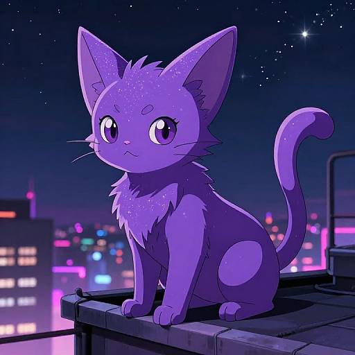 Purple Anime Cat on Neon Rooftop