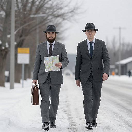 Snowy Road Journey of Two Dapper Men