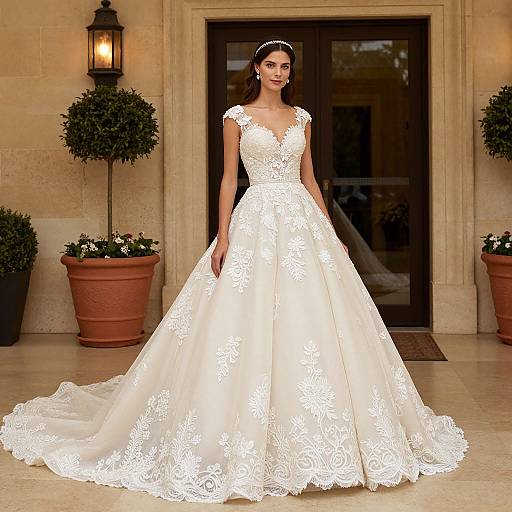 Photograph of a beautiful woman in an elegant, white, lace-embellished ball gown with a full skirt, standing in front of a beige