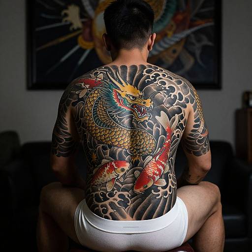 Photograph of a muscular man with intricate, vibrant dragon and koi fish tattoo on back, wearing white underwear, seated in dimly-lit room
