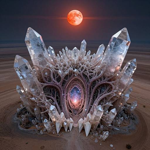 Photograph of a crystal structure with glowing, intricate designs, surrounded by large transparent crystals, under a red full moon in a desert landscape.