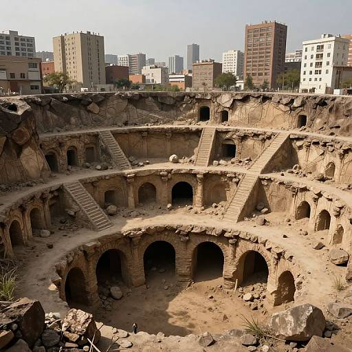Photograph of an ancient, multi-tiered stone amphitheater with arched openings, surrounded by modern high-rise buildings and a clear sky.