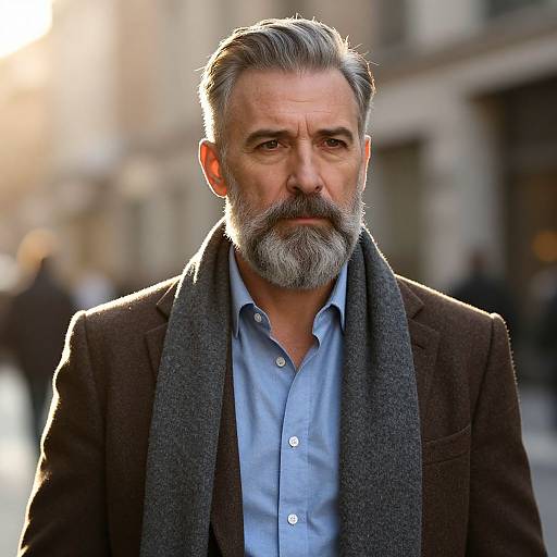 Photograph of a middle-aged man with a gray beard, wearing a dark brown blazer, light blue shirt, and gray scarf, standing on a