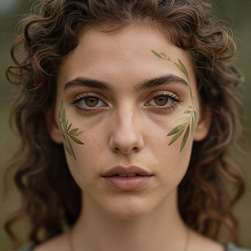 Photograph of a young woman with curly brown hair, green leaf paint on her cheeks, and brown eyes, looking directly at the camera. Natural outdoor