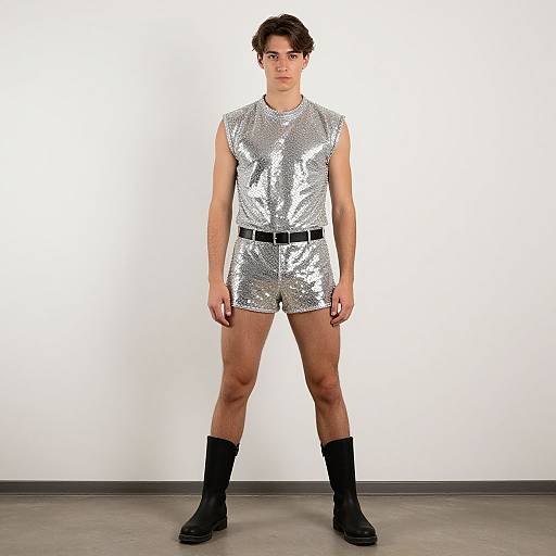 Photograph of a young man with short brown hair, wearing a shiny silver sequin sleeveless bodysuit, black belt, and black boots,